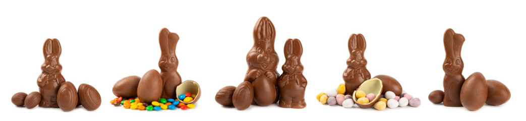 Easter chocolate bunny, chick and chocolate eggs isolated on white background. Chocolate eggs and other sweets. Easter celebration concept. Easter sweets on the table. Place for text. copy space.