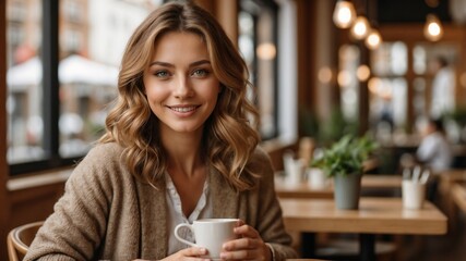 close-up of beautiful girl with curly hair with a cup in a cozy cafe