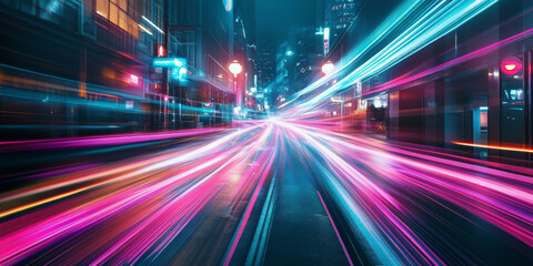Fototapeta premium Vibrant light trails in shades of pink and teal flowing through the streets of a futuristic city, leaving glowing paths of energy.