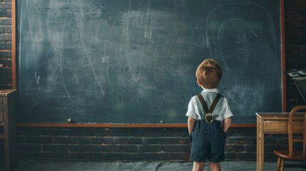 A young child stands before a chalkboard, gazing up at complex drawings, symbolizing curiosity and the desire to learn.