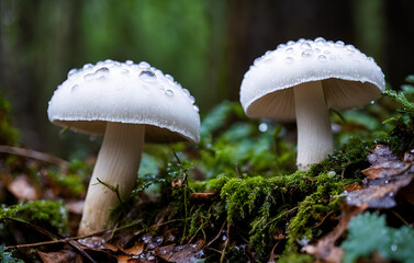 Healthy mushrooms in the field green sunny coniferous forest background Ai generative, Photograph close up wild mushroom in the woods morning light, Mushroom Cartoon Drawing