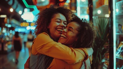 Obraz premium Two friends share a warm embrace full of laughter and joy in a vibrant nightlife setting, their happiness lighting up the night.