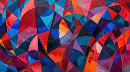 Backdrop of angular geometric shapes in bright colors creating a Fauvist-style chaos
