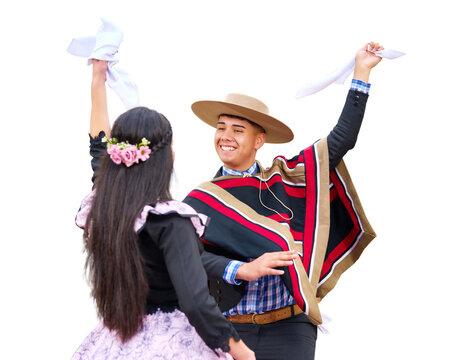 pareja chilena de huasos bailando cueca en la plaza de la ciudad, concepto celebraci&oacute;n fiestas patrias 