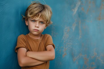 Pensive child portrait against rustic blue background, ideal for emotional storytelling, editorial content, and artistic photography features