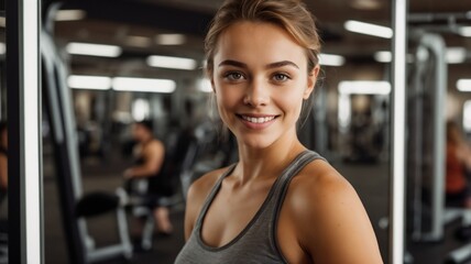 Fototapeta premium close up of beautiful smiling girl in gym in dark tones