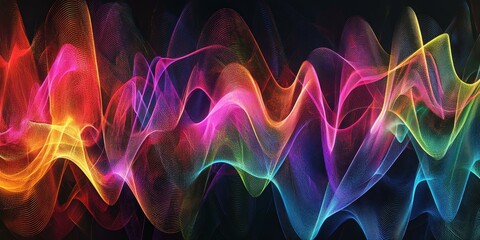 Abstract colorful glowing waves on black background.