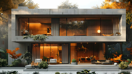 Modern Concrete House with Large Windows and Patio in Autumn Illustration