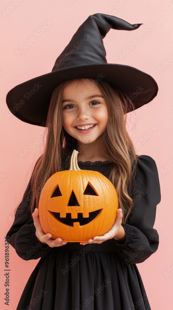 Wall mural a young girl is holding a pumpkin with a smile on her face