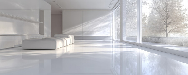 Fototapeta premium A modern 3D white room with large windows casting natural light onto glossy white floors and smooth, minimalistic furniture. Soft, subtle textures on the walls.