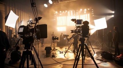 A bustling film set with cameras, lights, and crew members working together on a dimly lit stage, creating an atmosphere of creative energy.