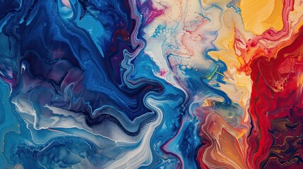 Fauvist backdrop showcasing swirling fluid shapes in bold blues reds and yellows