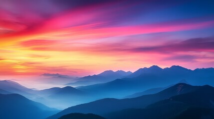 Obraz premium Breathtaking sunset over mountains with vibrant colors illuminating the sky, creating a stunning natural landscape scene.