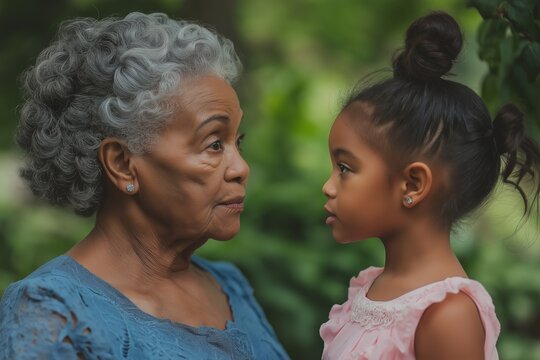 Tender moment between senior woman and young girl in a garden, showcasing generational bond and affection, perfect for promoting family values, senior care, or children's products