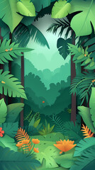 Tropical rainforest with trees and moss in paper cute style