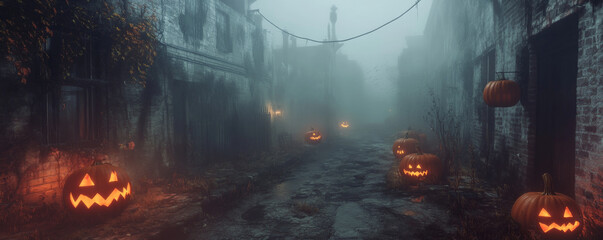 Naklejka premium A creepy alley filled with fog, flickering lanterns, and jack-o'-lanterns scattered around old, haunted buildings.