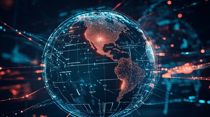 A detailed digital representation of the globe with glowing connections, emphasizing technology and global networks.