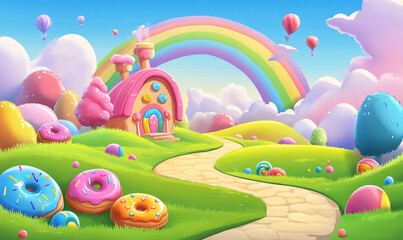 Candyland background with rainbow, candy house and lollipops on the grass field cartoon vector illustration design for game background or wallpaper.  © Aisyaqilumar