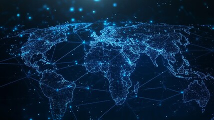 A futuristic digital world map showcasing interconnected global networks in glowing blue lines, representing technology and data flow.