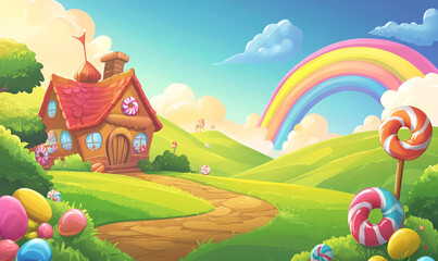 Candyland background with rainbow, candy house and lollipops on the grass field cartoon vector illustration design for game background or wallpaper.  © Aisyaqilumar