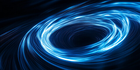 Fototapeta premium Bright electric blue light trails twisting in a spiral around a black void, creating a sense of depth and dynamic movement.