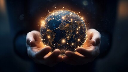 A person holding a glowing globe, symbolizing connection and unity in a digital world filled with light and energy.