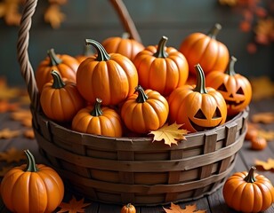 A wooden basket filled with various orange pumpkins and jack-o'-lanterns, surrounded by autumn leaves and other small pumpkins, 
