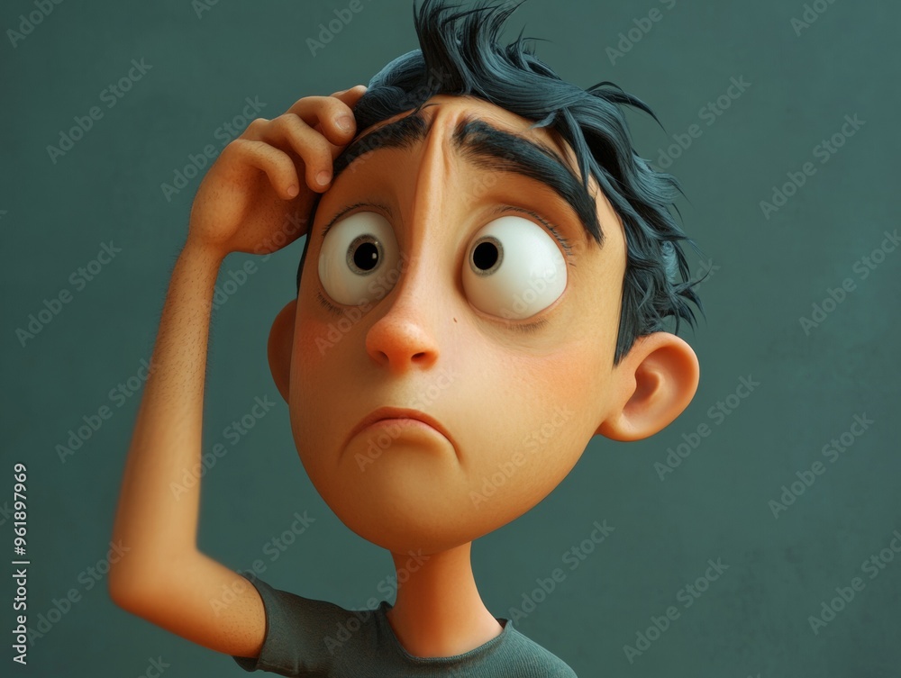 Poster puzzled 3d character. scratching head with a questioning look