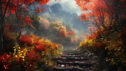 A serene autumn forest path surrounded by vibrant red, orange, and yellow foliage. Sunlight filters through the trees, highlighting the tranquil atmosphere and inviting nature walk.