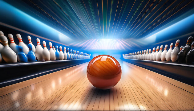  A vibrant bowling ball rolling down a lane towards pins in motion. _1(177)