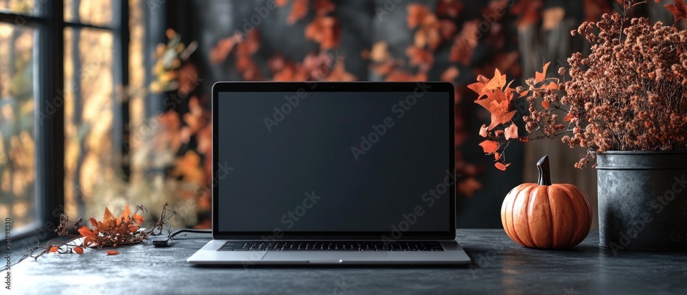 Canvas Prints A laptop is open on a table with a pumpkin and some leaves