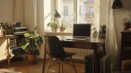 Modern Home Office with Laptop and Plants