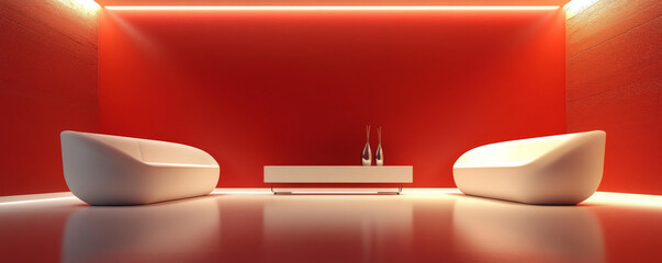 A 3D interior with bold red walls and contrasting white furniture, lit with soft, ambient lighting. The striking color choice adds a modern, vibrant feel.