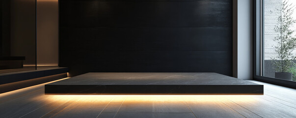 A sleek 3D black interior featuring a single, floating platform in the center of the room. The minimalist design is enhanced by soft, ambient lighting and smooth, matte finishes.