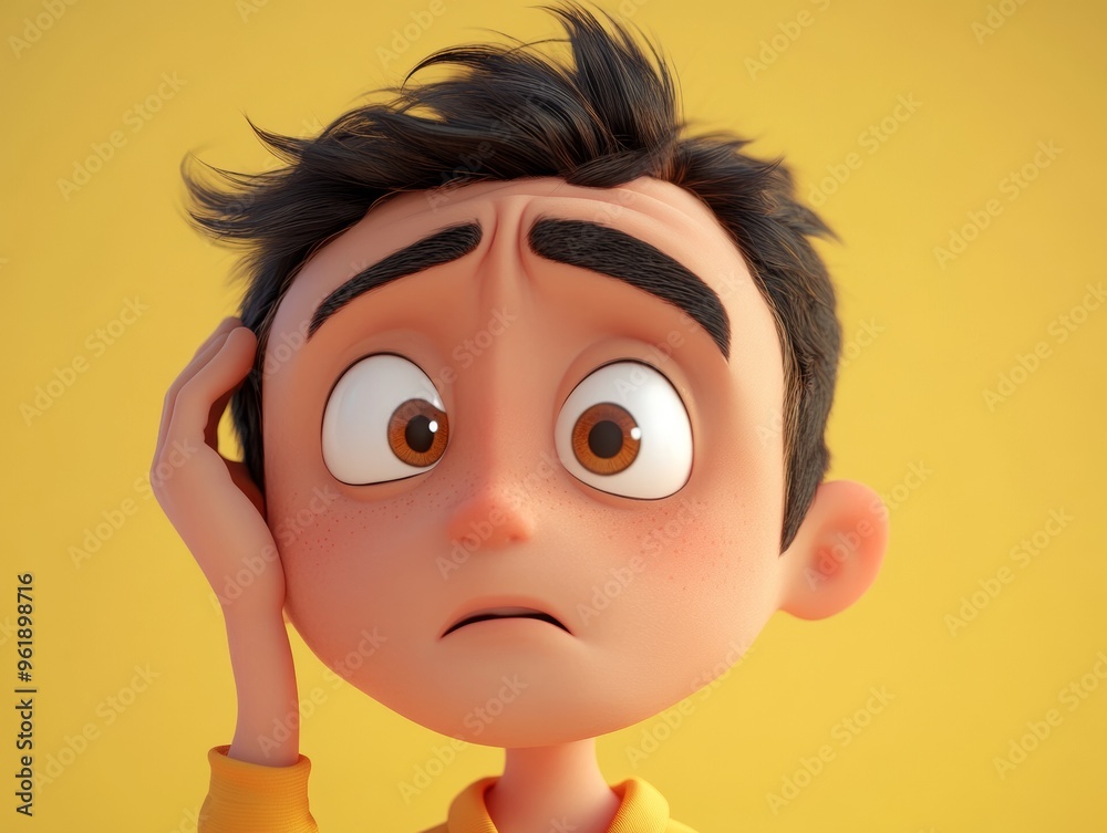 Poster puzzled 3d character. scratching head with a questioning look