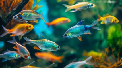 Fototapeta premium Glowing tropical fish swim in a colorful aquarium, showcasing vibrant hues and aquatic beauty in an underwater paradise.