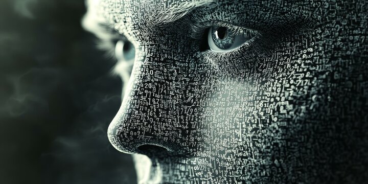 A digital human face with numbers as skin.