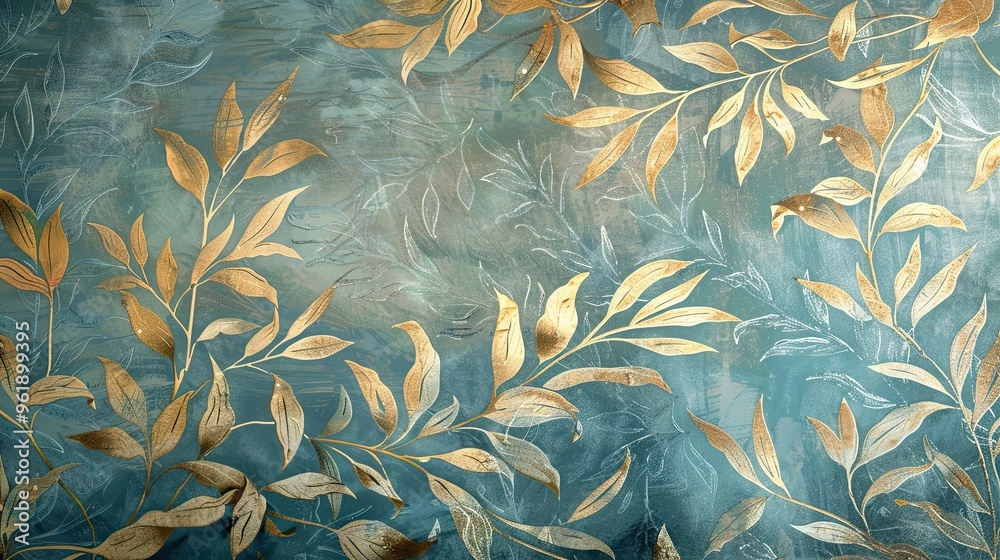 Poster Elaborate foliage wallpaper in turquoise and gold with glowing accents