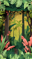 Obraz premium Tropical rainforest with trees and moss in paper cute style