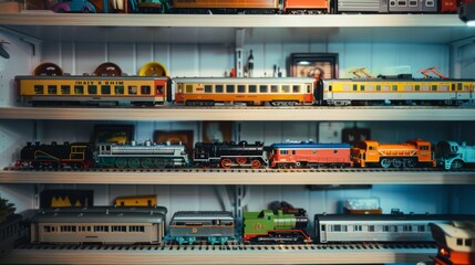 A shelf filled with an array of meticulously arranged vintage model trains, showcasing a colorful, nostalgic collection that reflects a dedication to craftsmanship and history.