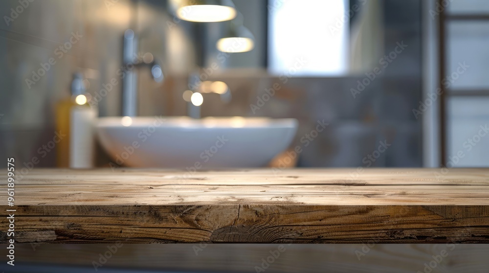 Canvas Prints wooden table top with blurred bathroom sink in background.