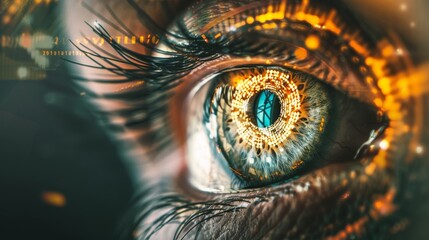 Close-up of a human eye with digital elements, representing advanced technology and cyber vision.