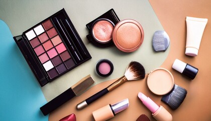 Abstract flat lay background with professional make-up products. Beauty industry accessories