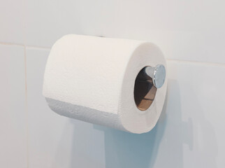 A close-up view of a white toilet paper roll mounted on a wall holder in a clean and minimalist bathroom setting