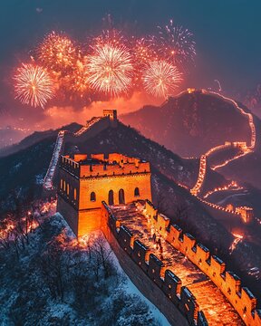 Great Wall of China with fireworks at night
