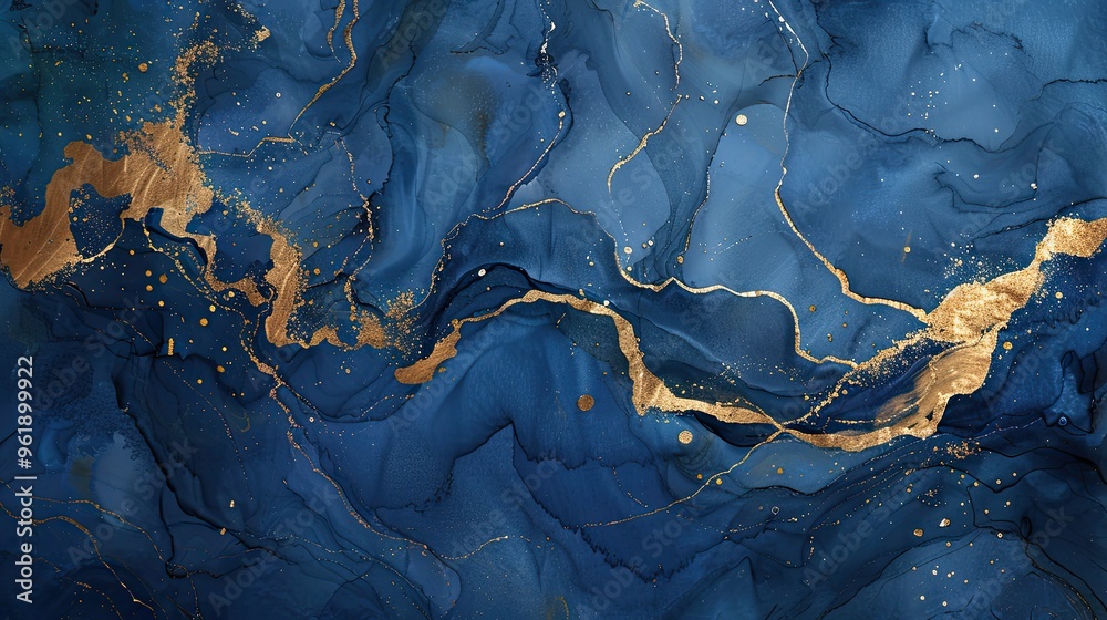 Poster Mannerism backdrop of liquid textures in sapphire and gold glowing with soft light