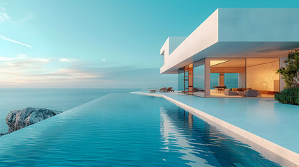 Fototapeta premium Modern Minimalist House With Infinity Pool Overlooking Ocean 3D Illustration