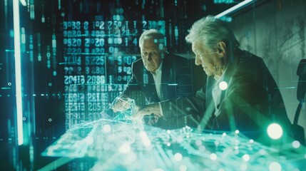 Two elderly men engage in an intense discussion over a high-tech table, with abstract data and digital elements layered over their workspace.