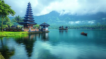 Tranquil Temple on a Misty Lake