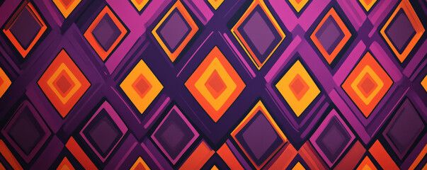 A bold purple and orange geometric design with overlapping squares and diamonds creating a dynamic, eye-catching pattern.